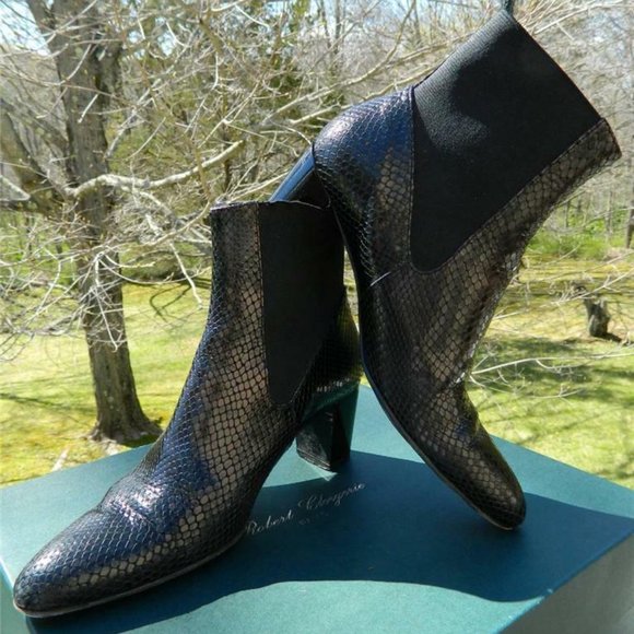 Robert Clergerie DALIA Black Leather Snake Skin & Elastane Pull On Ankle Boots 8 - Picture 1 of 9